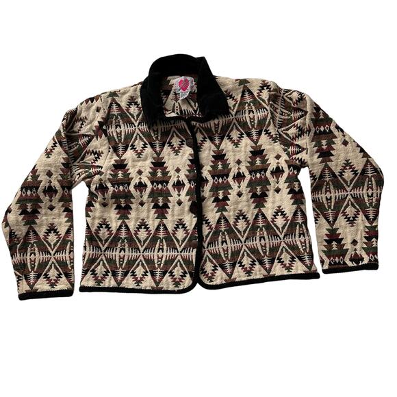 Keren Hart 90s Southwest Aztec Blanket Tapestry Corduroy Collar Jacket women XL - Picture 1 of 6